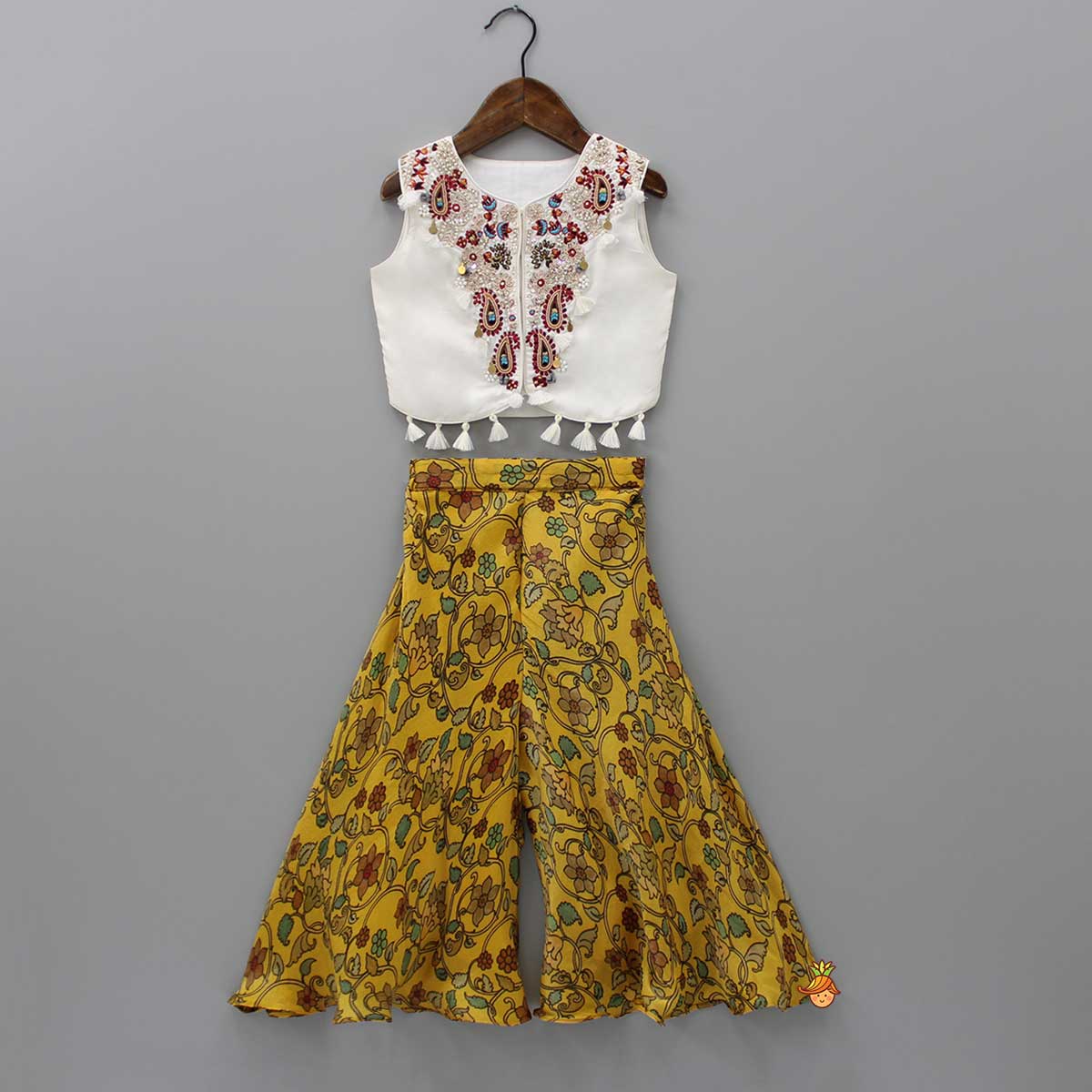 Embroidered Fringes Detail Top And Floral Printed Yellow Palazzo