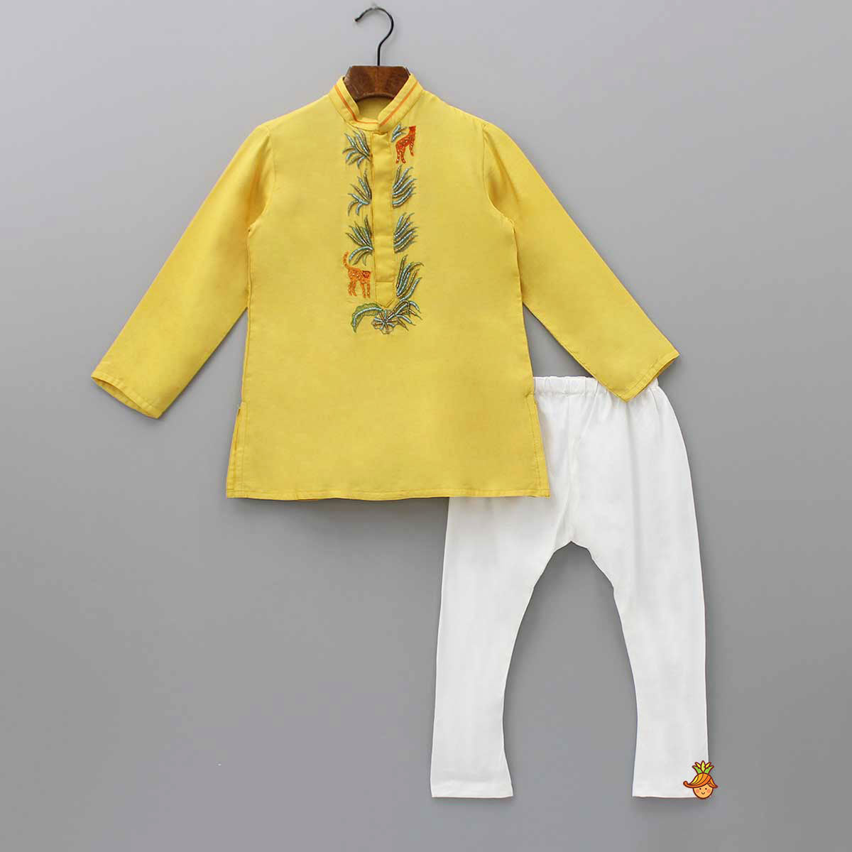 Yellow Kurta With Animal Embroidery And Pyjama