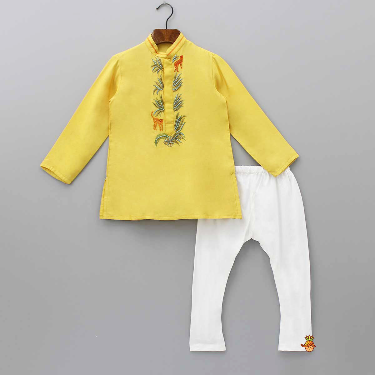 Yellow Kurta With Animal Embroidery And Pyjama