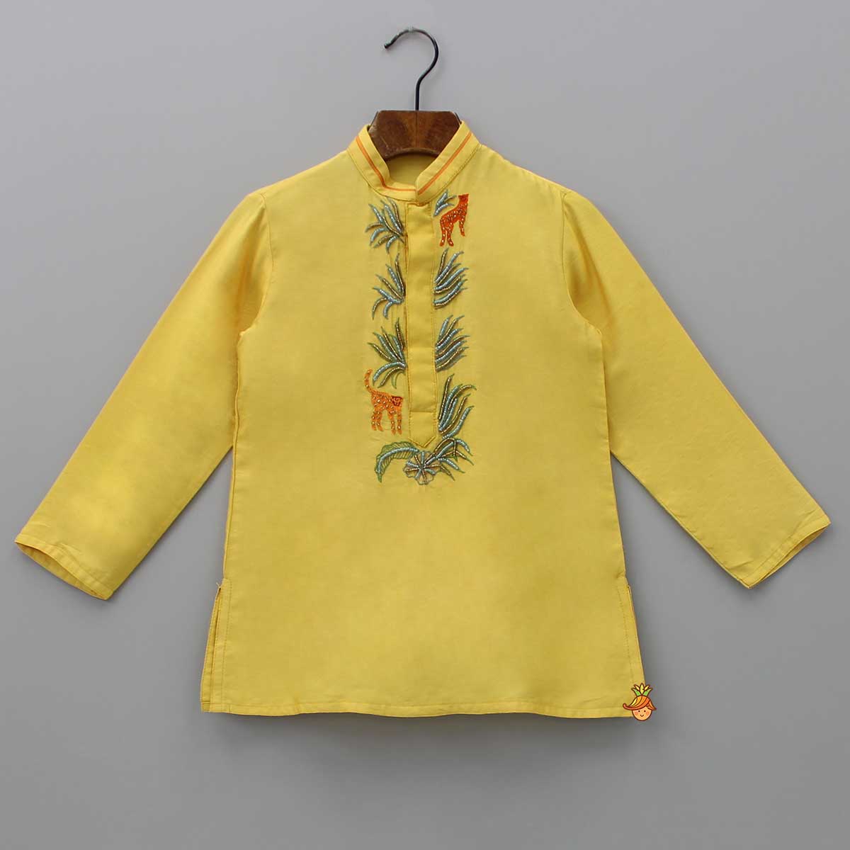 Yellow Kurta With Animal Embroidery And Pyjama