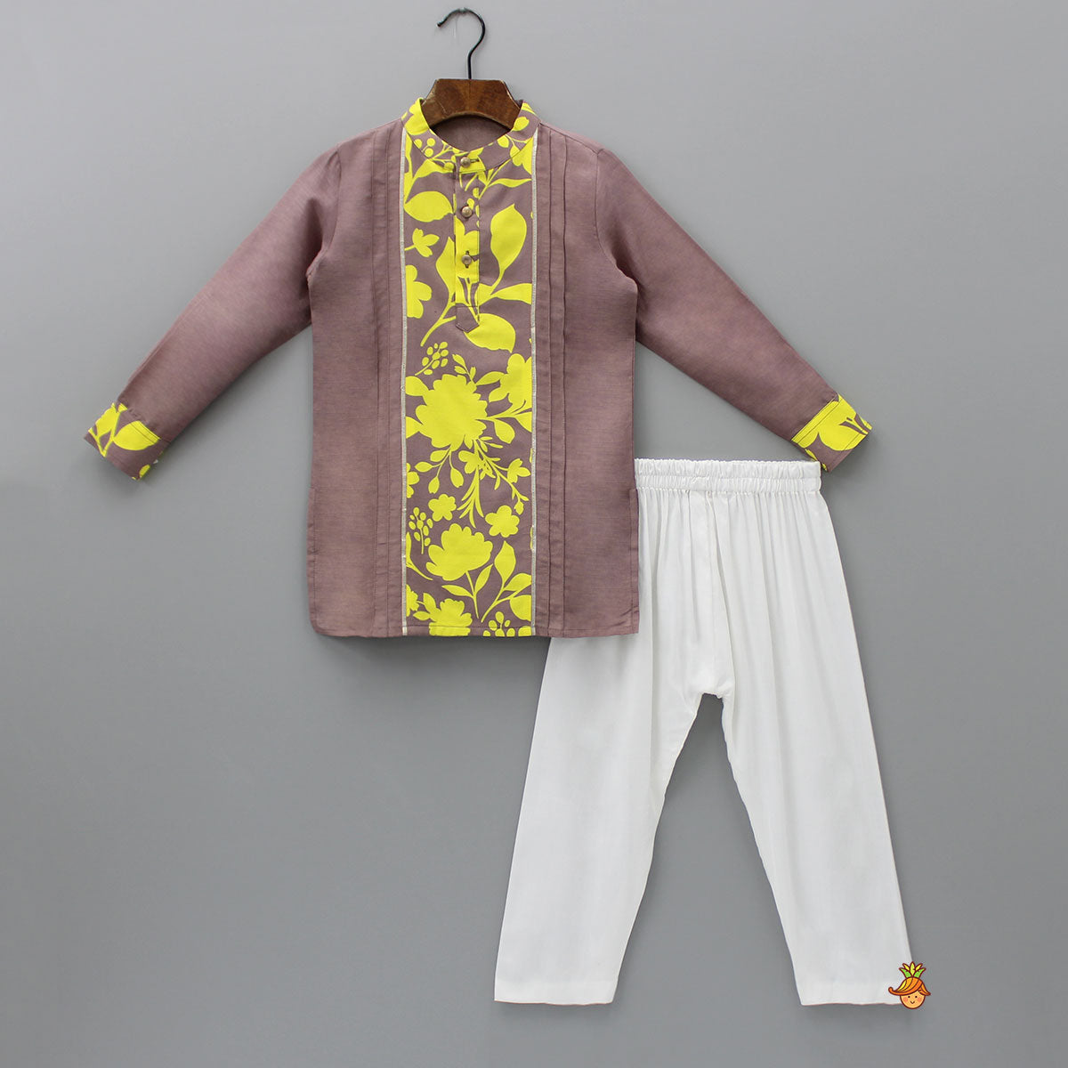 Yellow Floral Printed Pintuck Brown Kurta And Pyjama
