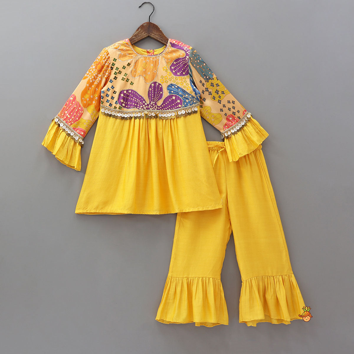 Sequins Floral Printed Kurti With Palazzo And Net Dupatta