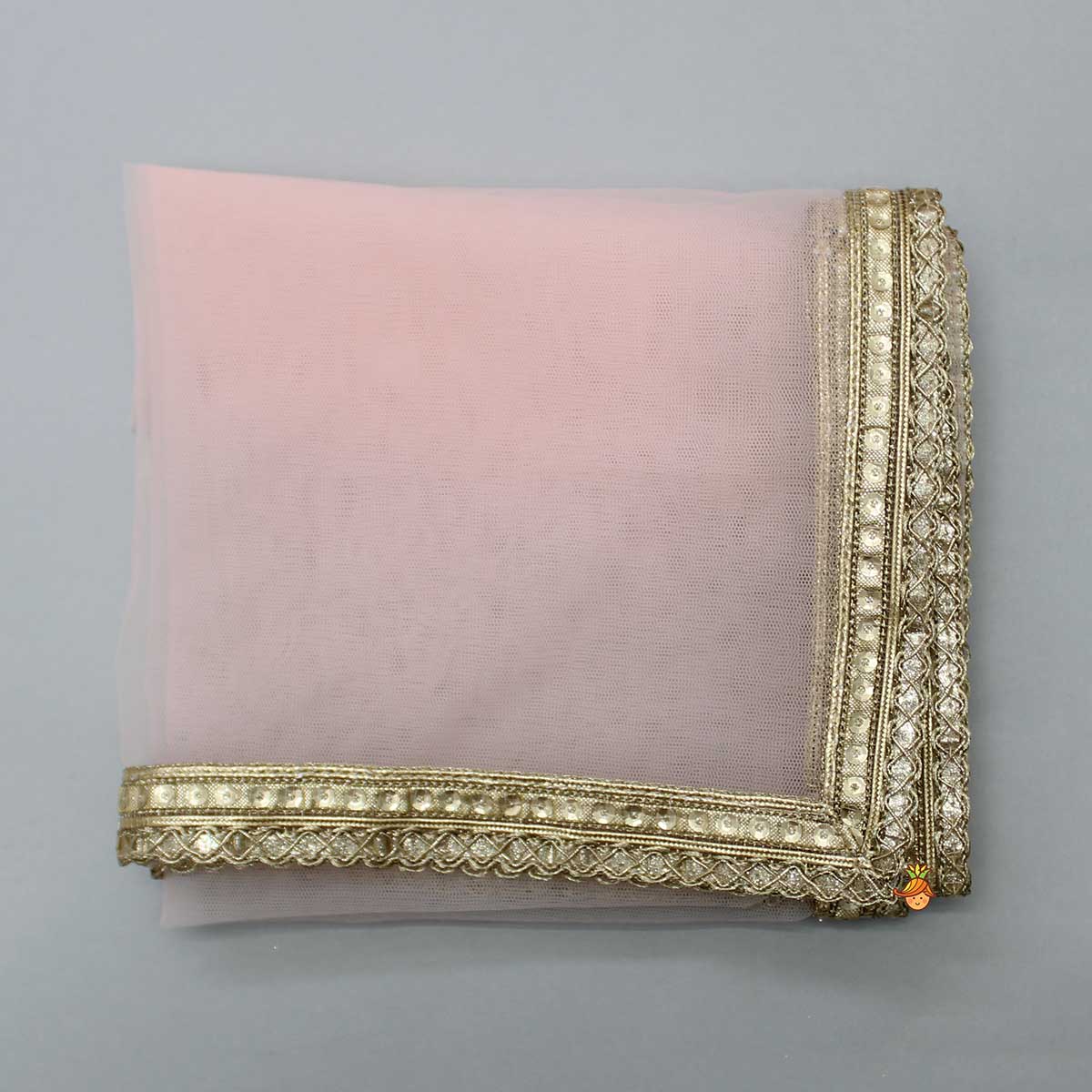 Mirror Work Peach Top And Net Tassels Enhanced Printed Lehenga With Matching Dupatta
