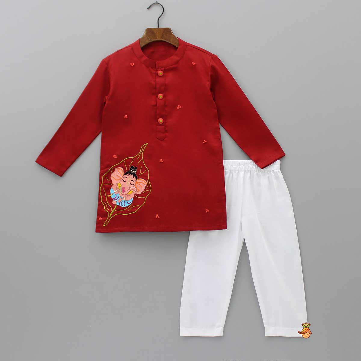 Ganesh Thread Embroidered Red Kurta And White Pyjama