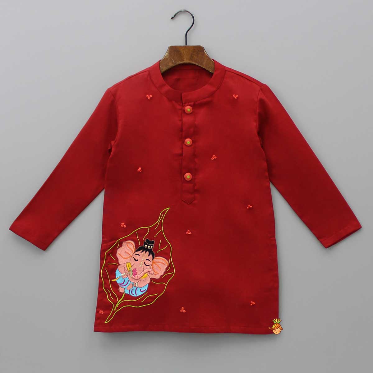 Ganesh Thread Embroidered Red Kurta And White Pyjama