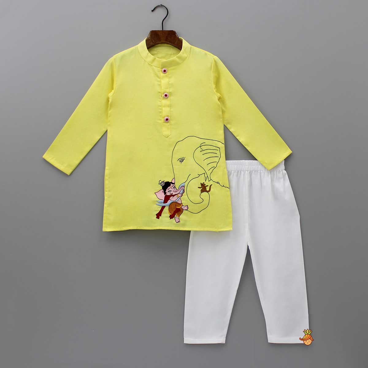 Ganesh Thread Embroidered Yellow Kurta And White Pyjama