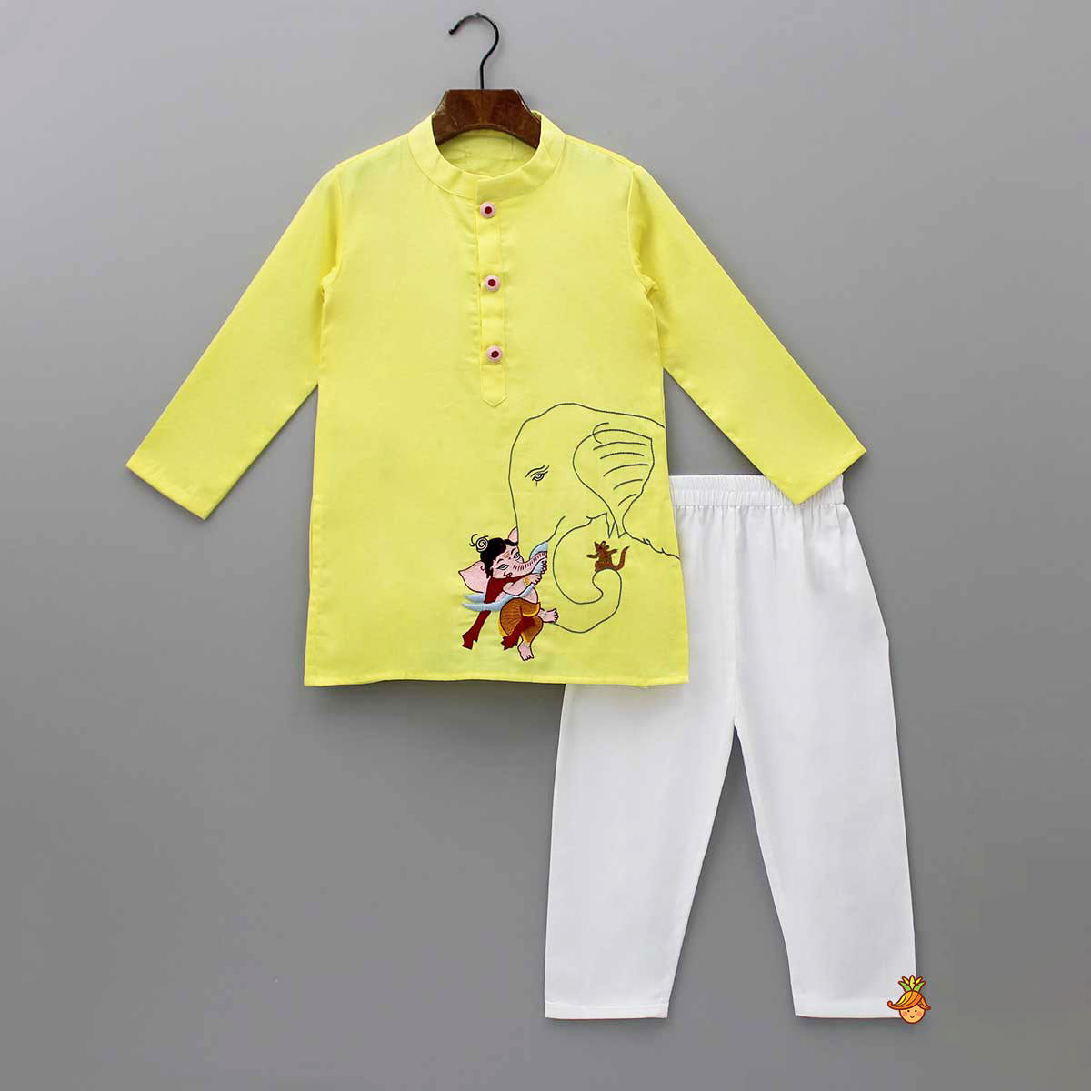 Ganesh Thread Embroidered Yellow Kurta And White Pyjama