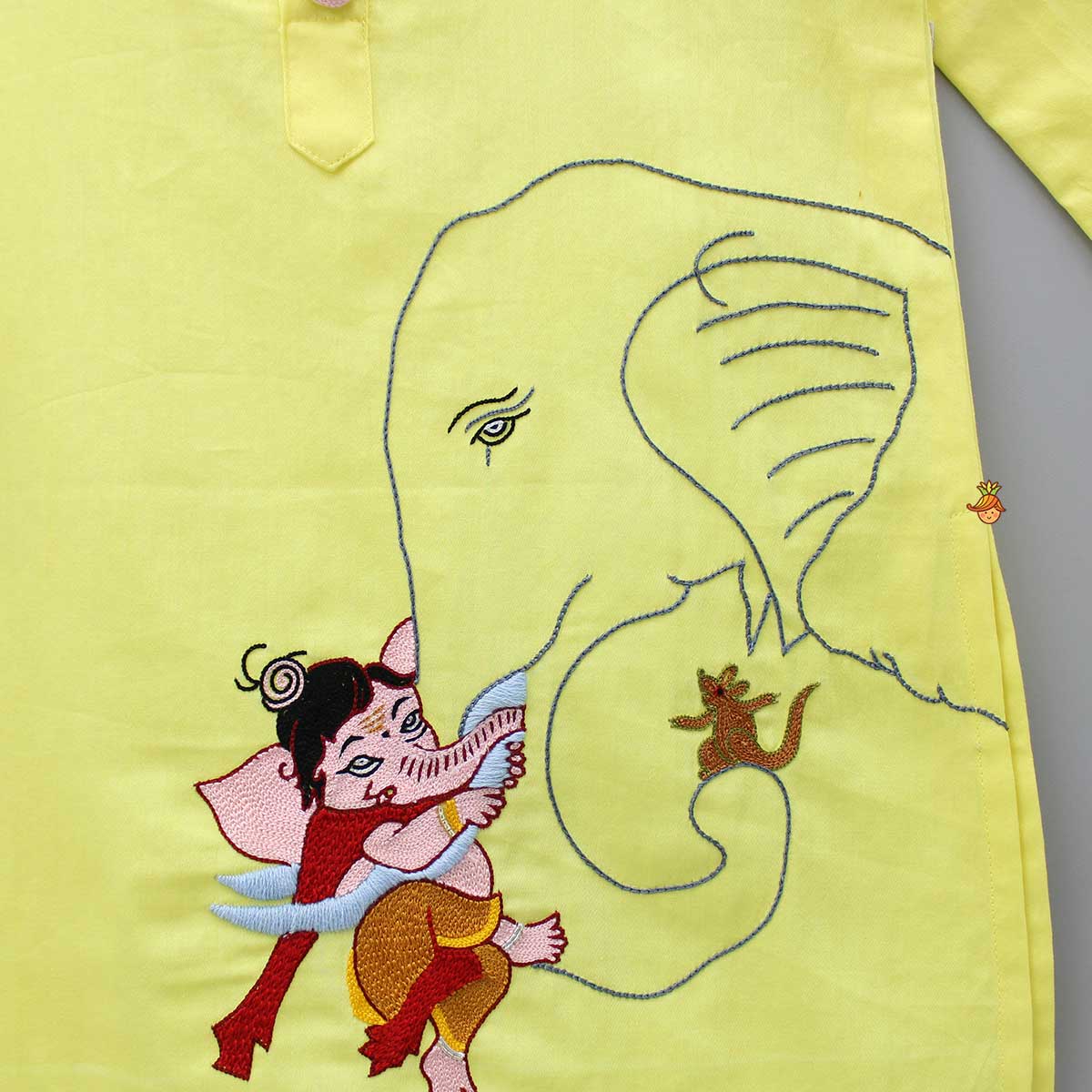 Ganesh Thread Embroidered Yellow Kurta And White Pyjama
