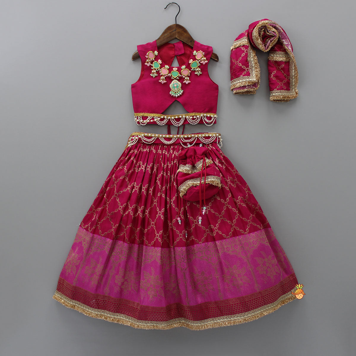 Embroidered Top And Potli-Attached Lehenga With Matching Dupatta And Detachable Pearly Belt