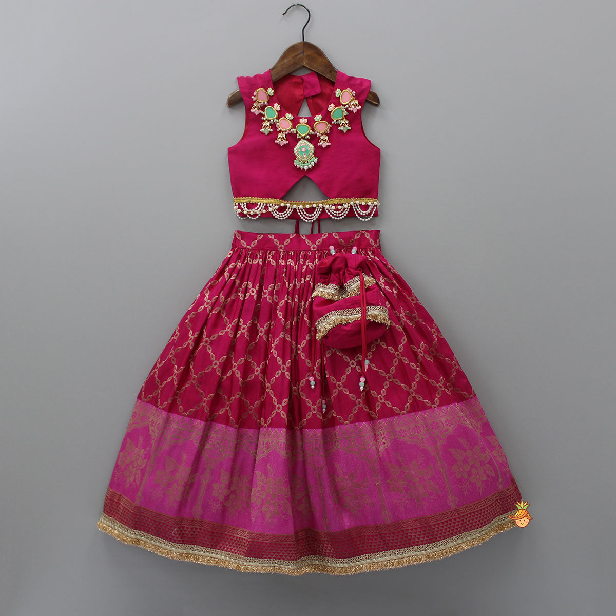 Embroidered Top And Potli-Attached Lehenga With Matching Dupatta And Detachable Pearly Belt