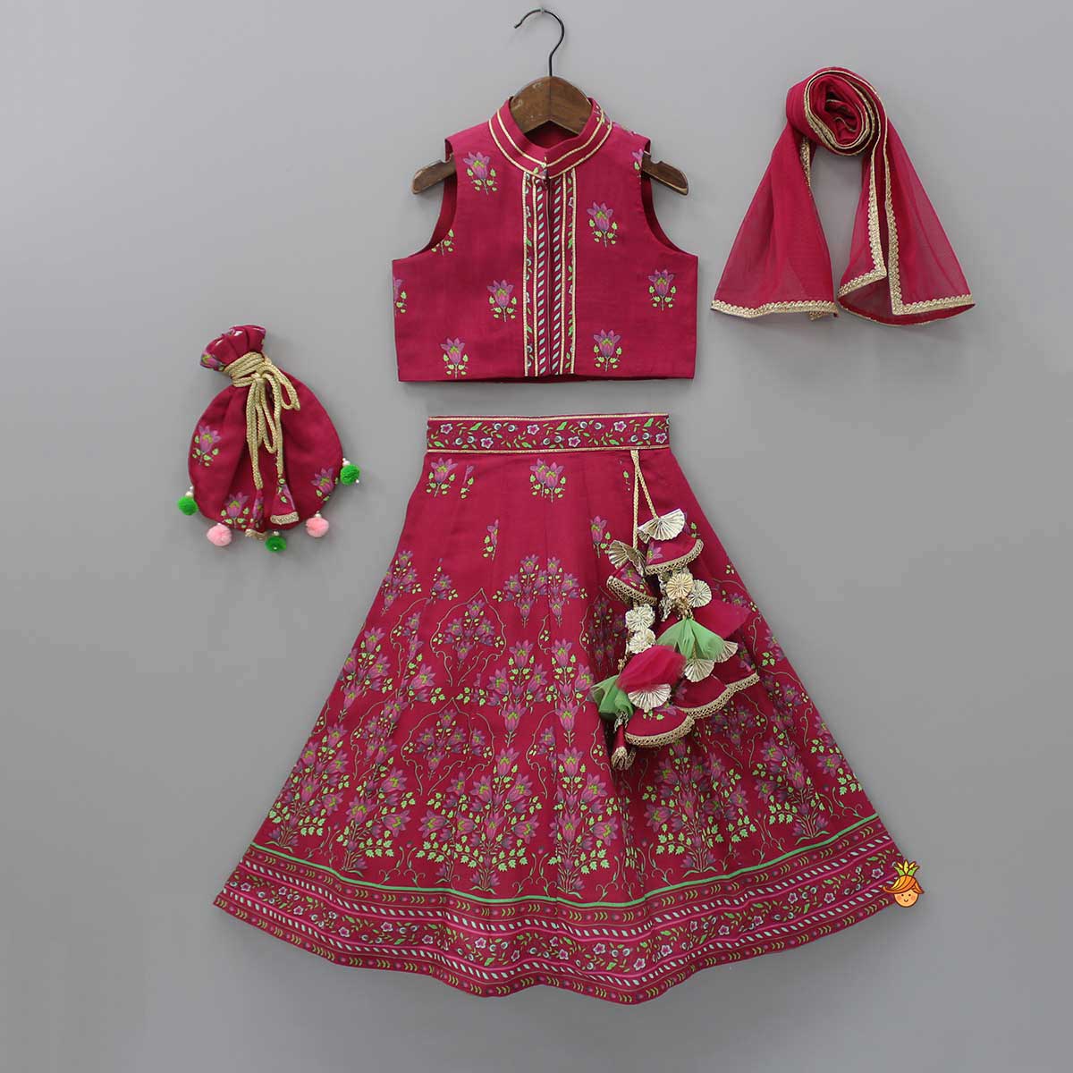 Floral Printed Top And Lehenga With Matching Potli And Net Dupatta