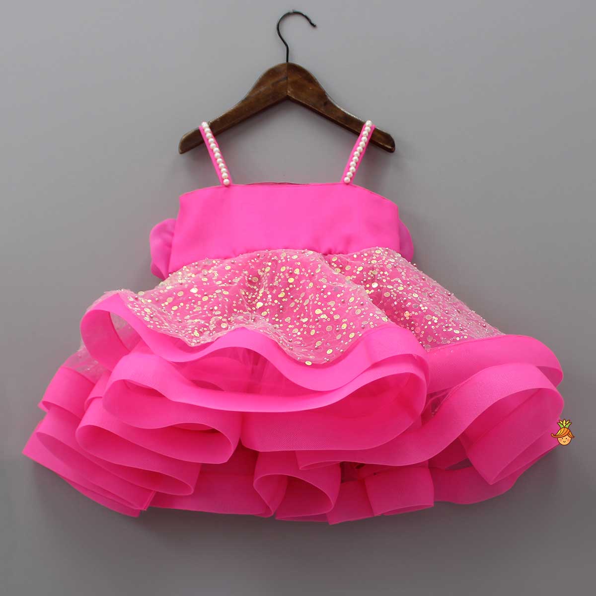 Flower Adorned Strappy Net Pink Dress