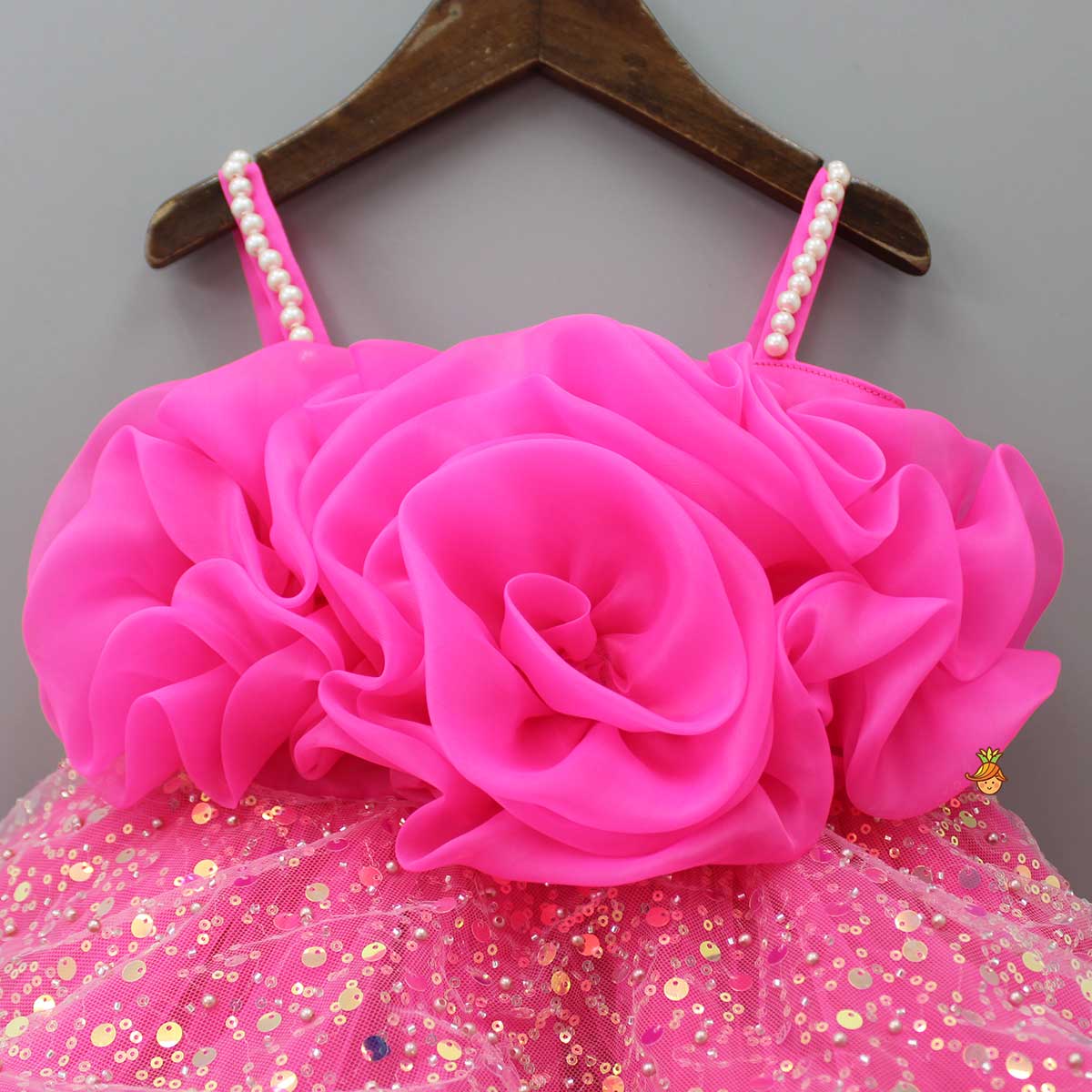 Flower Adorned Strappy Net Pink Dress