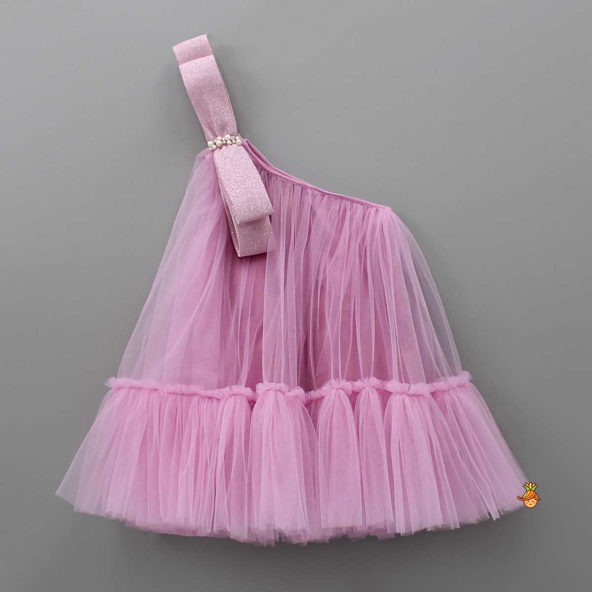 Dual Bow Enhanced Pink One Shoulder Dress