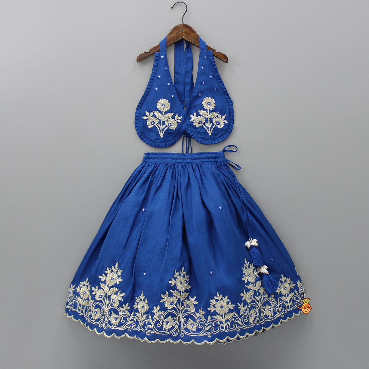 Blue Halter Neck Embroidered Top With Embroidered Lehenga