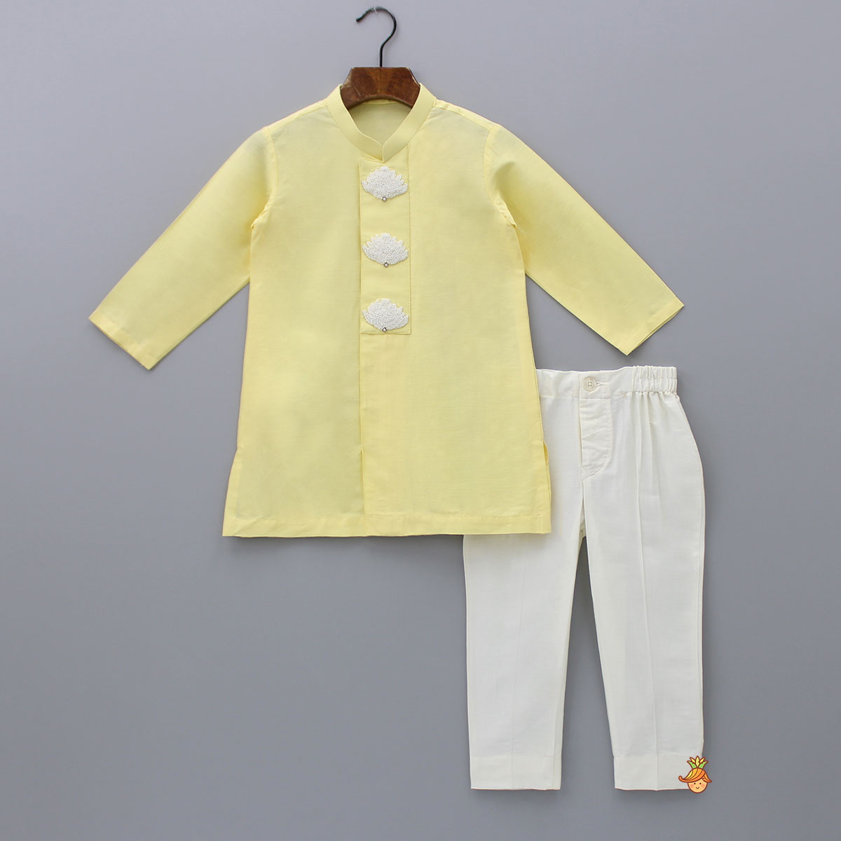Yellow Hand Embroidered Placket Kurta With Pant
