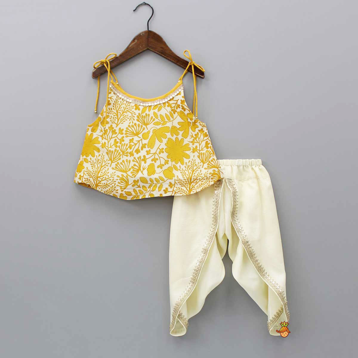 Tie Up Straps Floral Printed Top And Tulip Dhoti