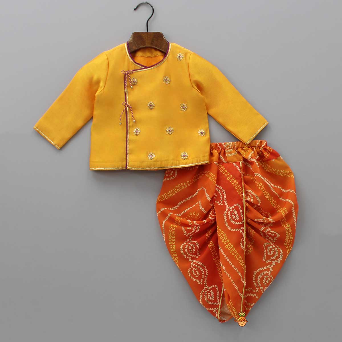 Embroidered Angarkha Style Mustard Kurta And Bandhani Printed Dhoti