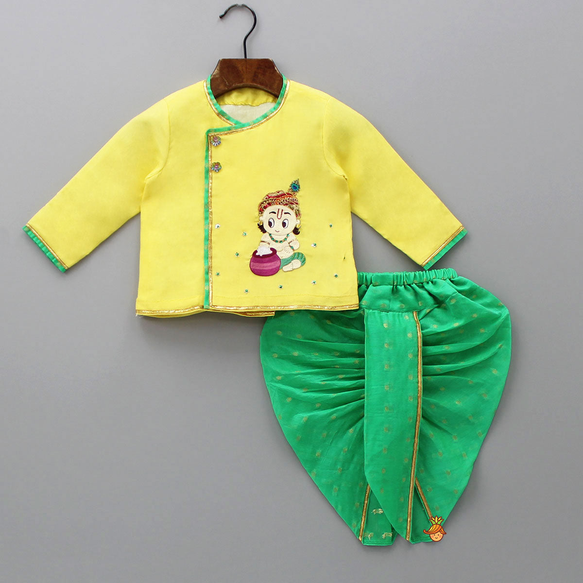 Cute Krishna Embroidered Yellow Kurta And Butti Dhoti