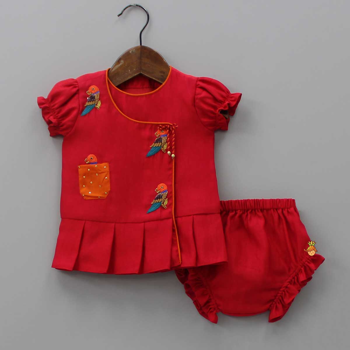 Bird Embroidered Red Top And Bloomer