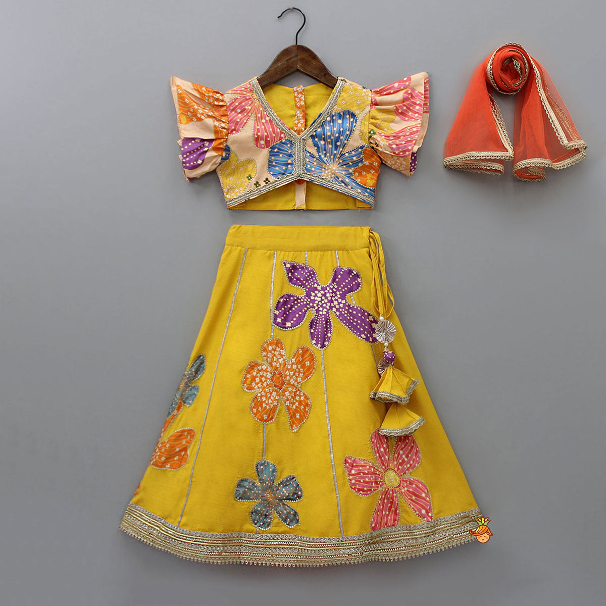 Sequin Floral Printed Top With Lehenga And Net Dupatta