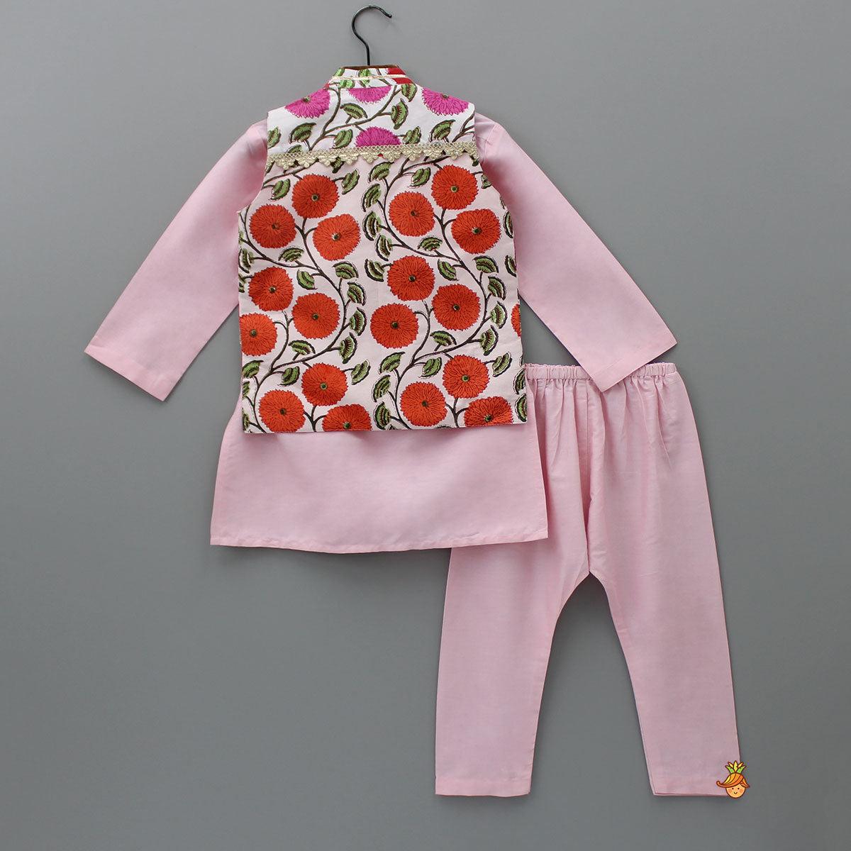 Pink Kurta With Floral Printed Jacket With Pyjama