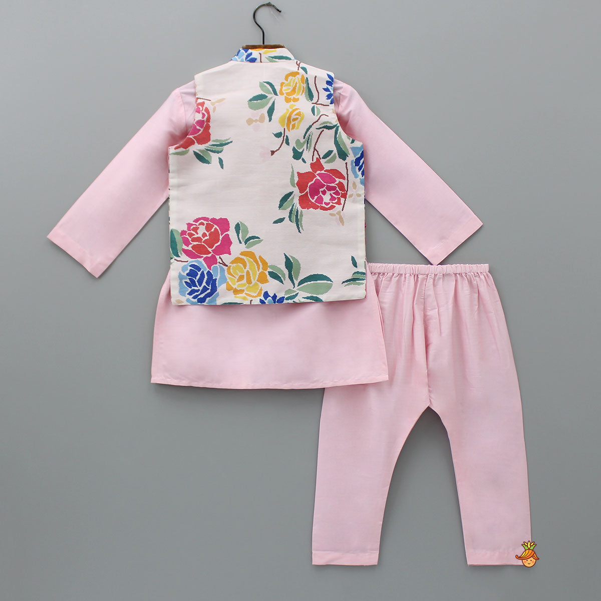 Pink Kurta With Hand Embroidered Floral Printed Jacket And Pyjama