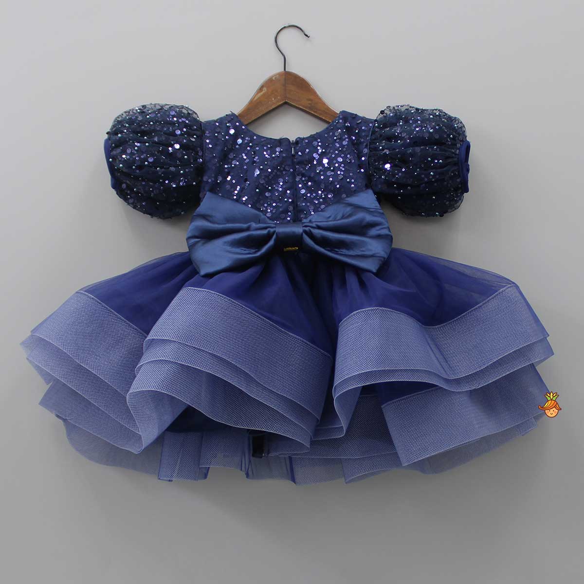 Sequined Ruffled Blue Dress With Bows And Matching Swirled Bow Headband