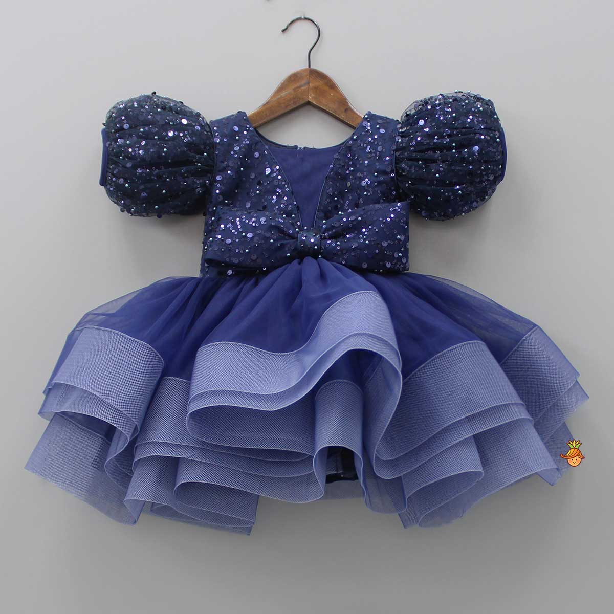 Sequined Ruffled Blue Dress With Bows And Matching Swirled Bow Headband