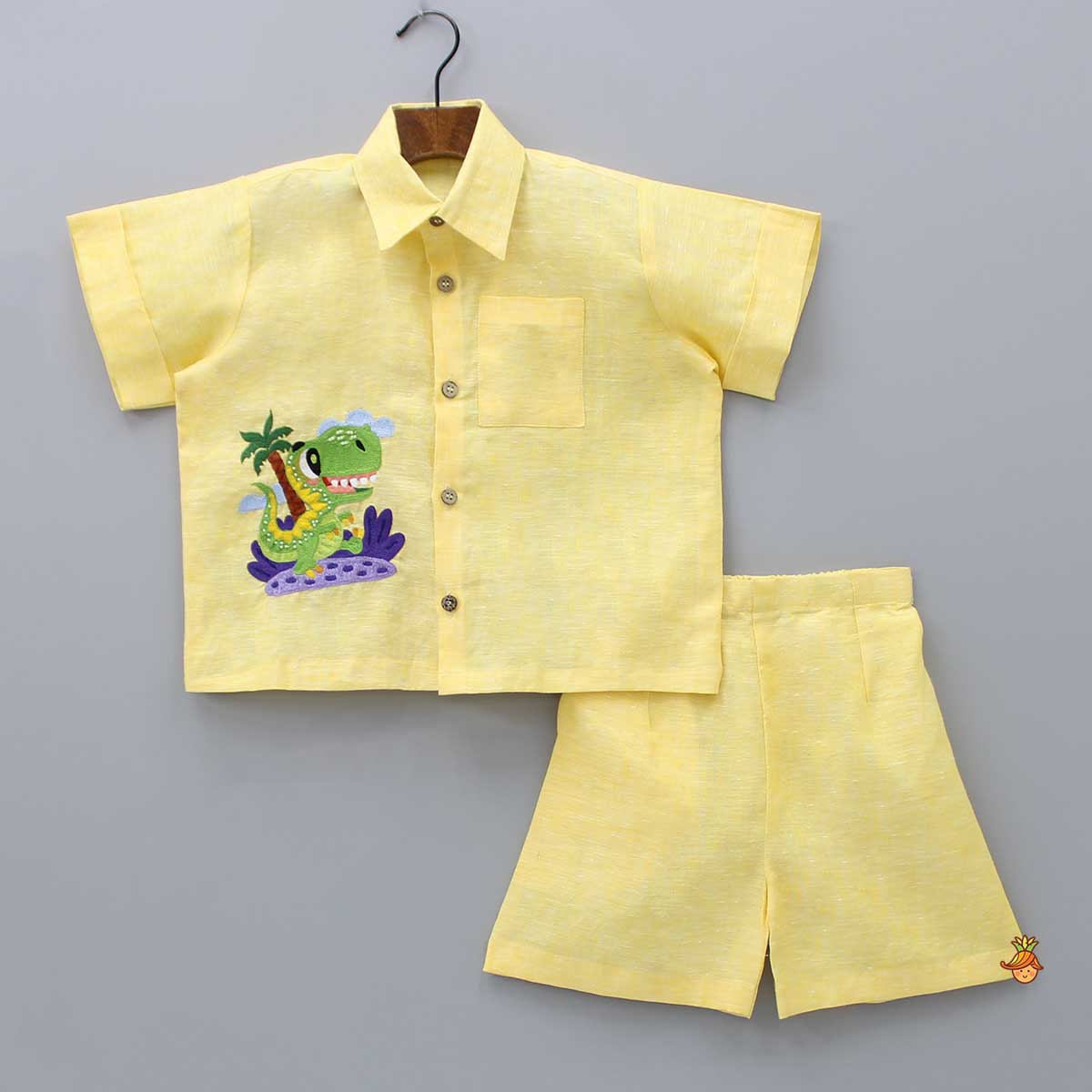 Animal Embroidered Yellow Shirt And Shorts