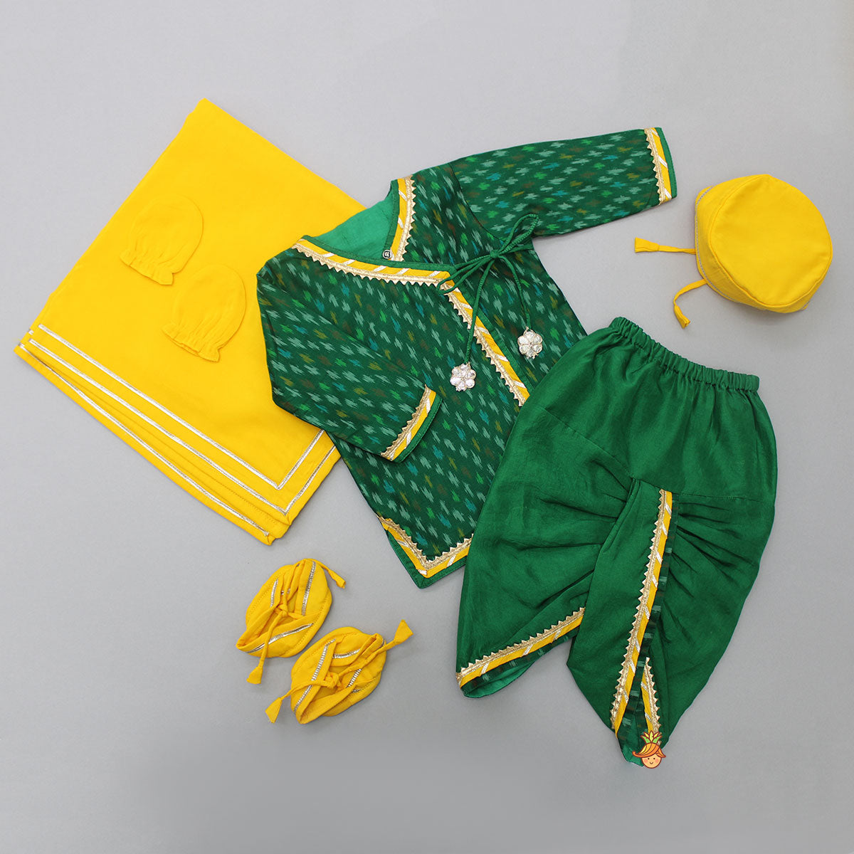 Printed Green Angarkha Style Infant Baby Set With Swaddle