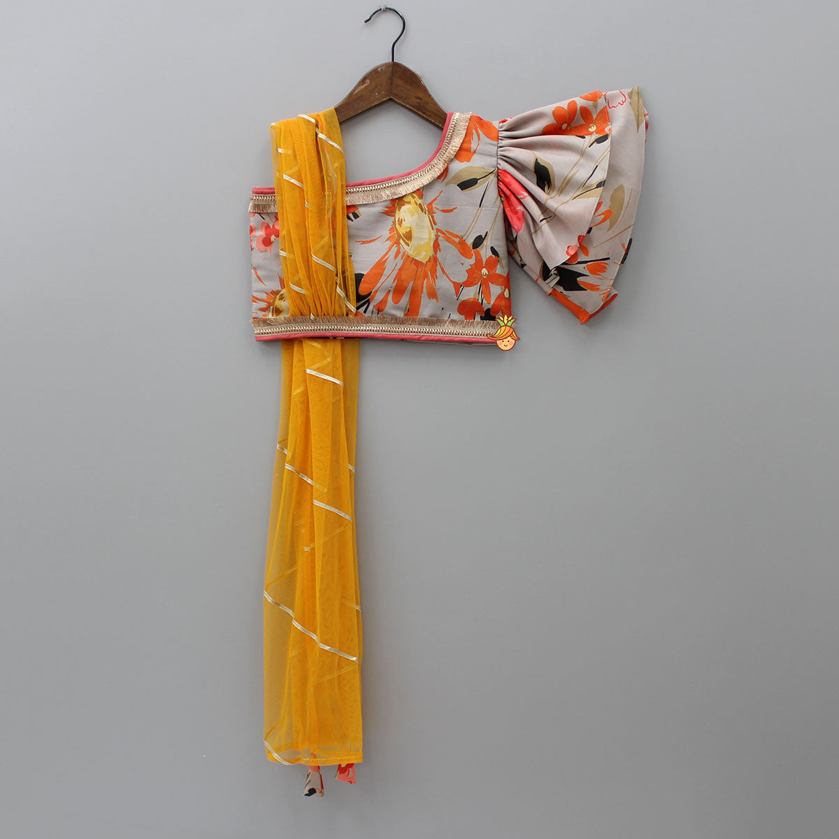 Multicolour Floral Printed One Shoulder Top And Lehenga With Attached Dupatta