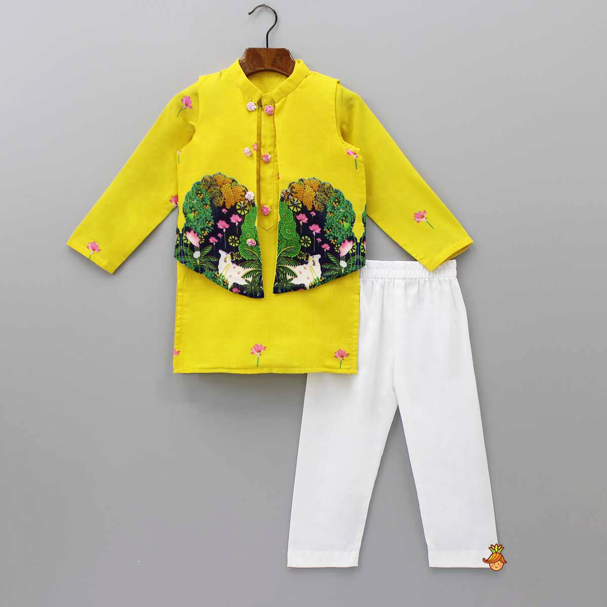 Yellow Printed Kurta With Open Jacket And Pyjama