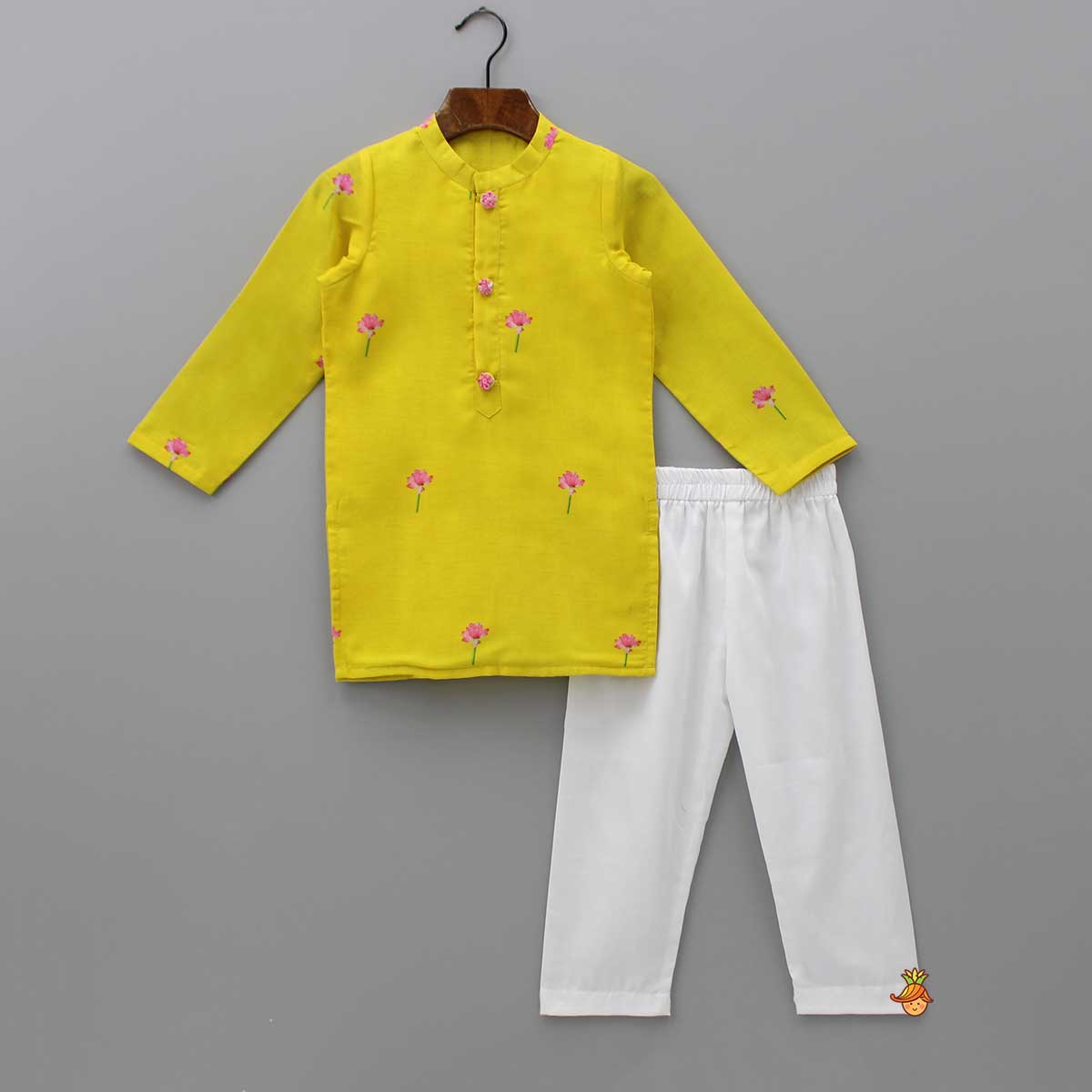 Yellow Printed Kurta With Open Jacket And Pyjama