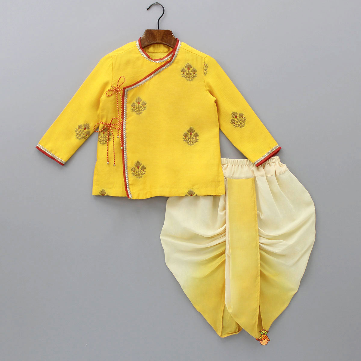 Gota Lace Detail Angarkha Style Mustard Kurta And Dhoti