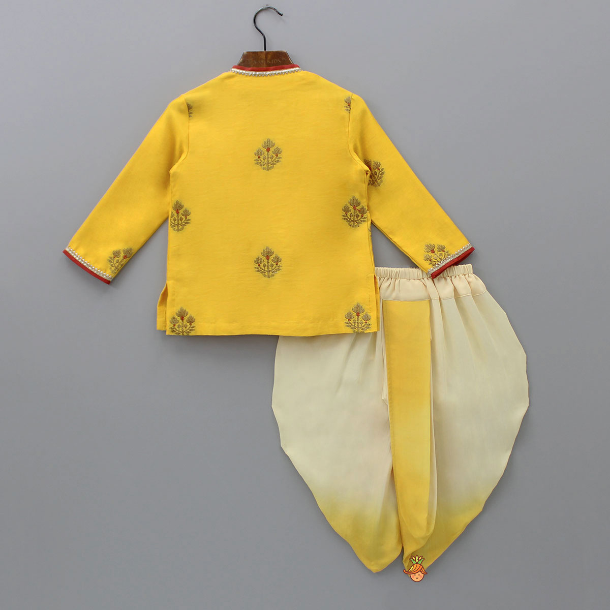 Gota Lace Detail Angarkha Style Mustard Kurta And Dhoti