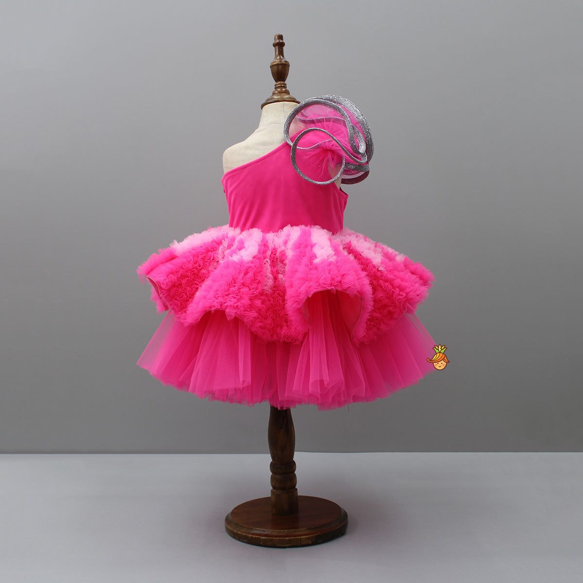 One Shoulder Ruffle Layered Net Pink Dress