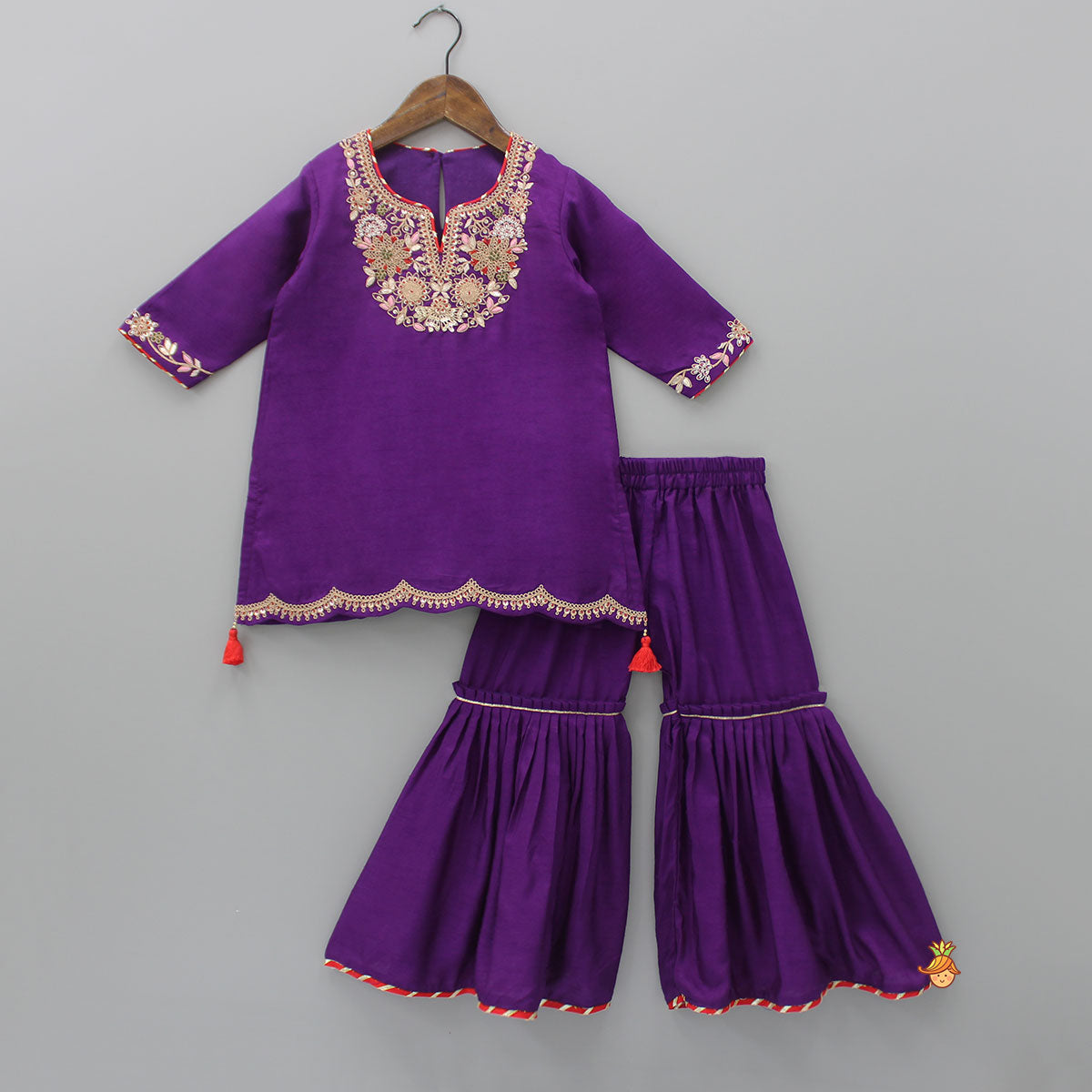 Purple Embroidered Kurti With Pleated Sharara