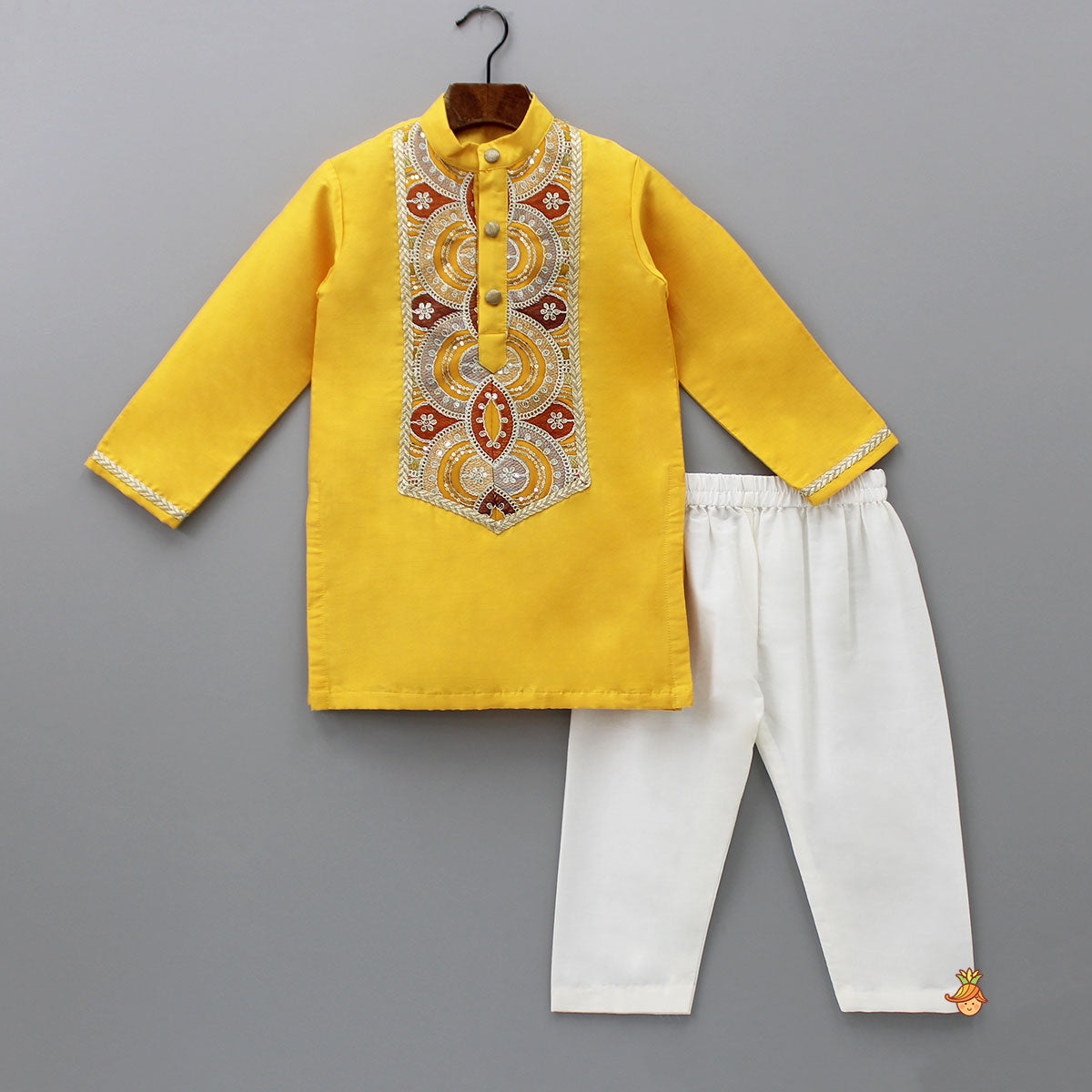 Embroidered Mustard Kurta And Off White White Pyjama