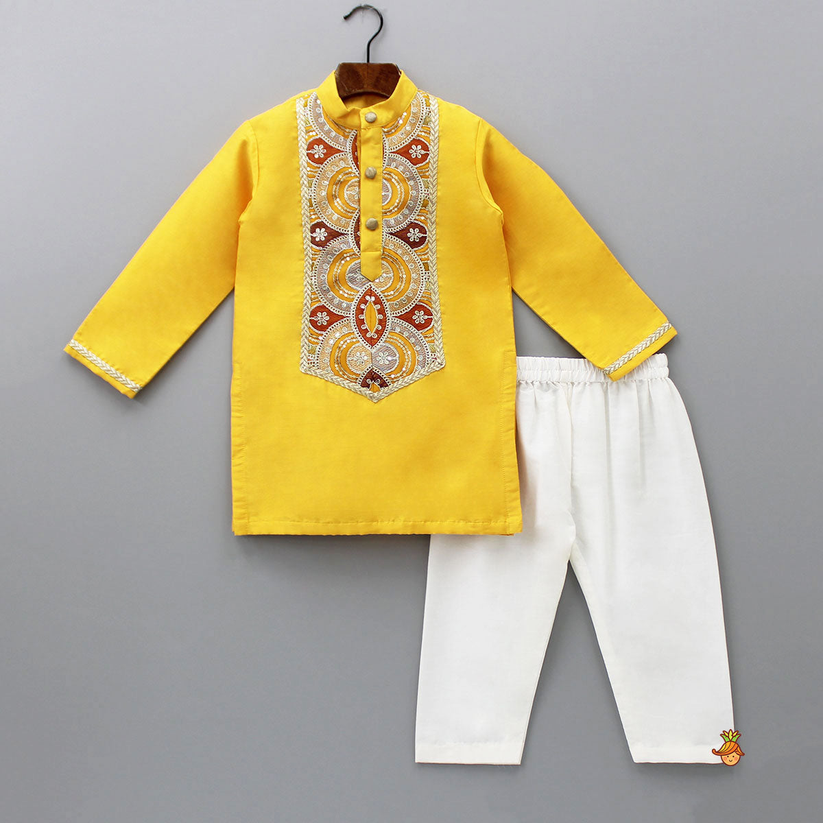 Embroidered Mustard Kurta And Off White Pyjama