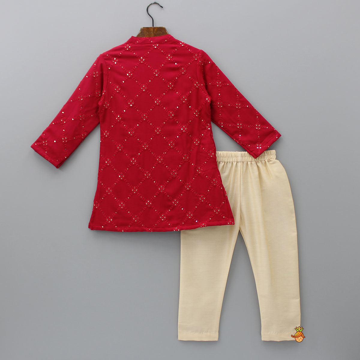 Embroidered Red Kurta And Beige Pyjama