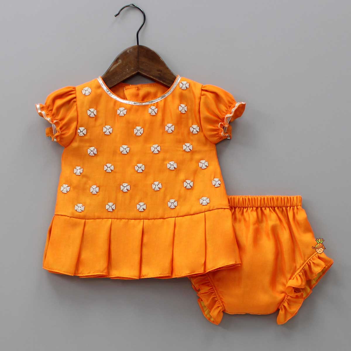 Embroidered Yoke Orange Top And Bloomer