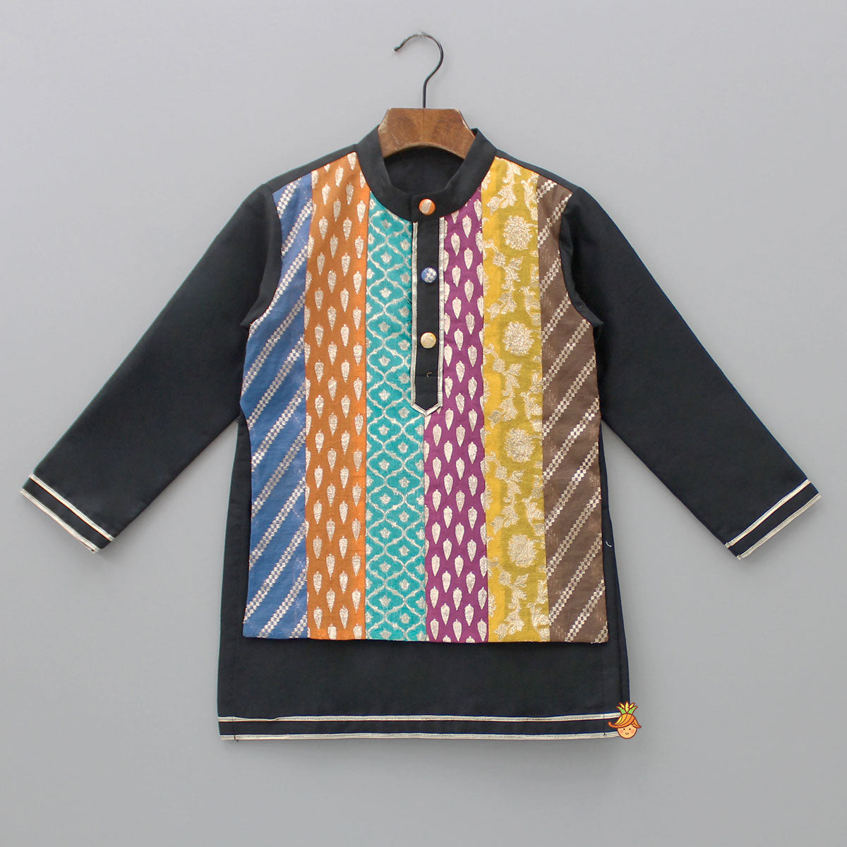 Black Kurta With Multicolour Attached Flap And Pyjama