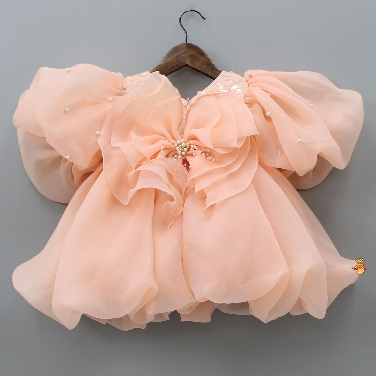 Flower Adorned Organza Peach Dress