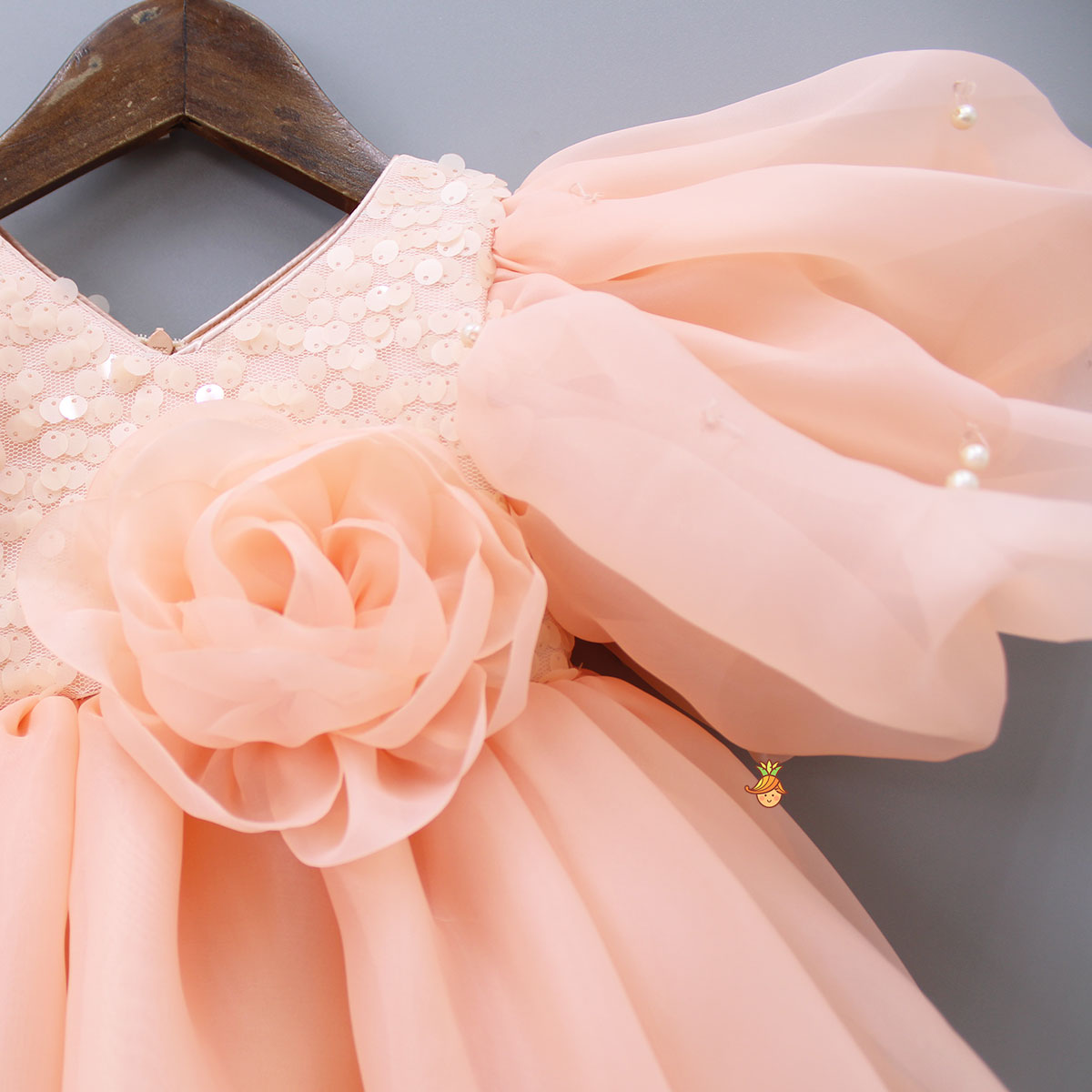 Flower Adorned Organza Peach Dress
