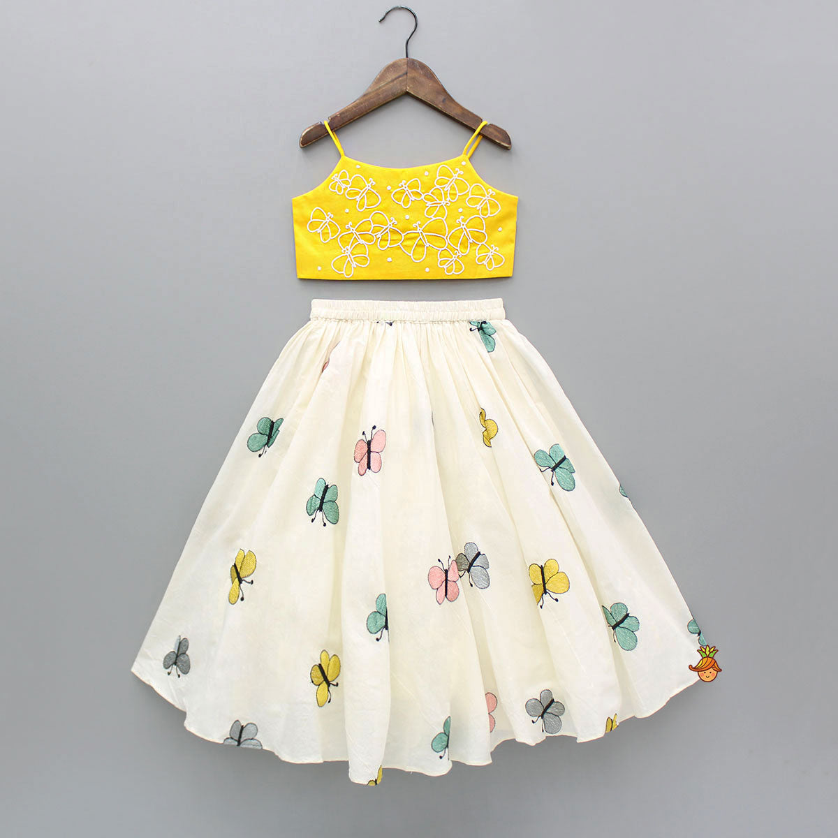 Butterfly Embroidered Strappy Yellow Top And Flared Lehenga