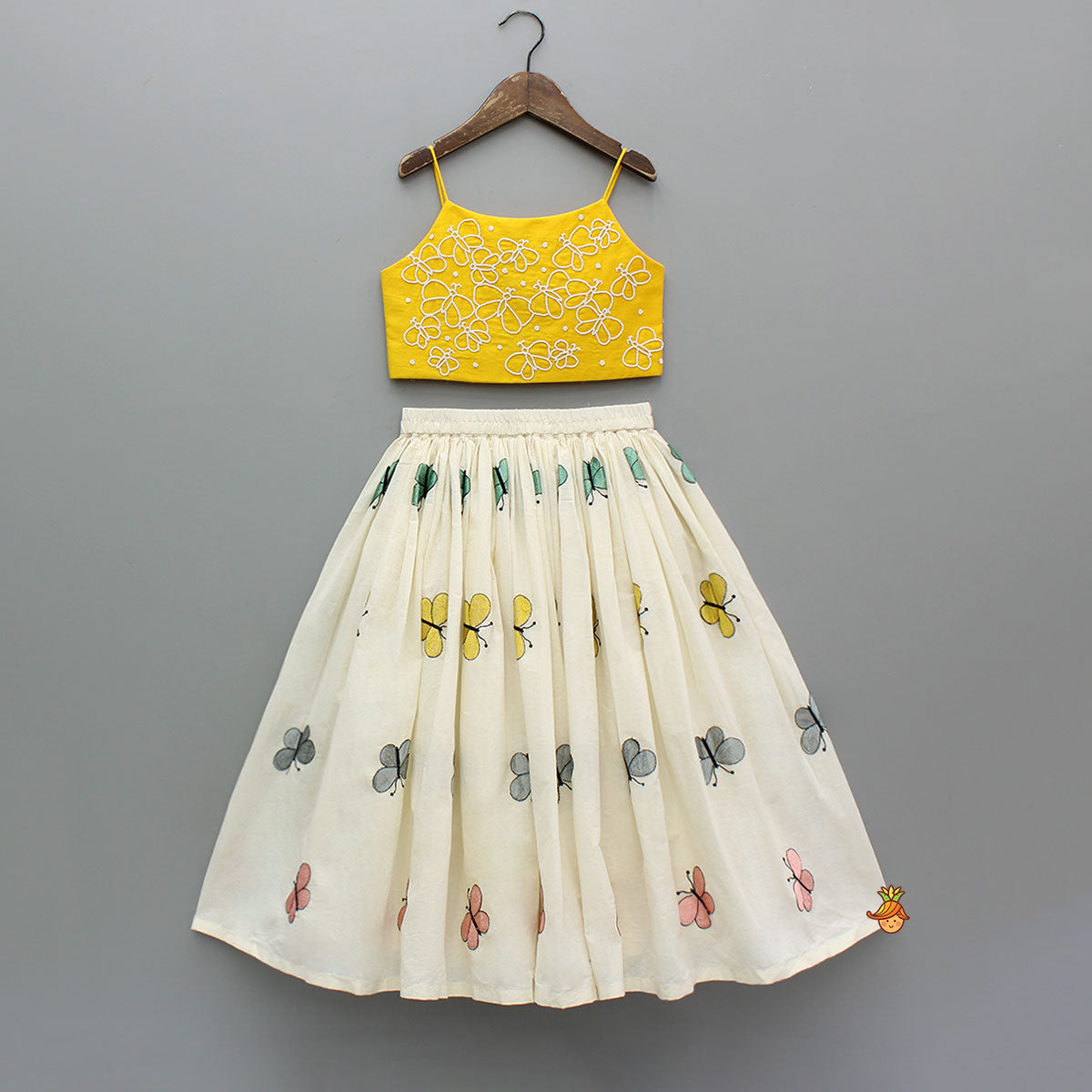 Butterfly Embroidered Strappy Yellow Top And Flared Lehenga