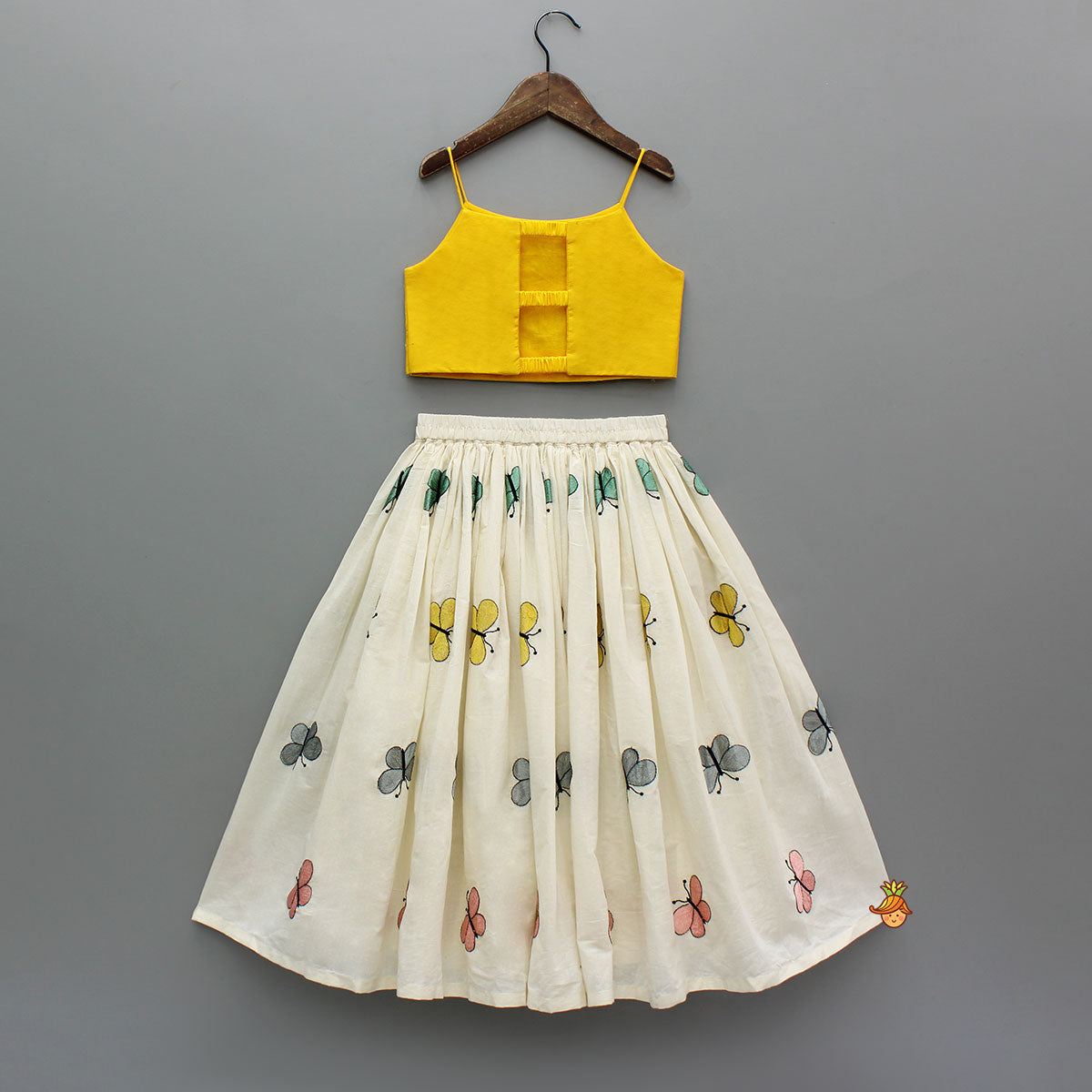 Butterfly Embroidered Strappy Yellow Top And Flared Lehenga