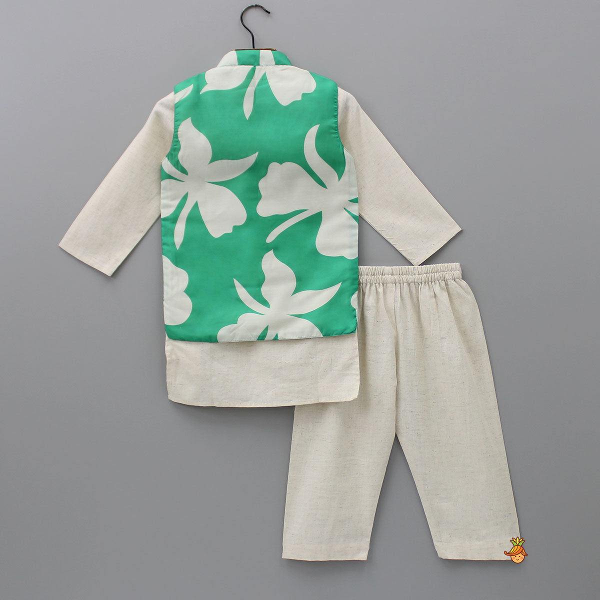 Off White Kurta With Green Printed Jacket And Pyjama
