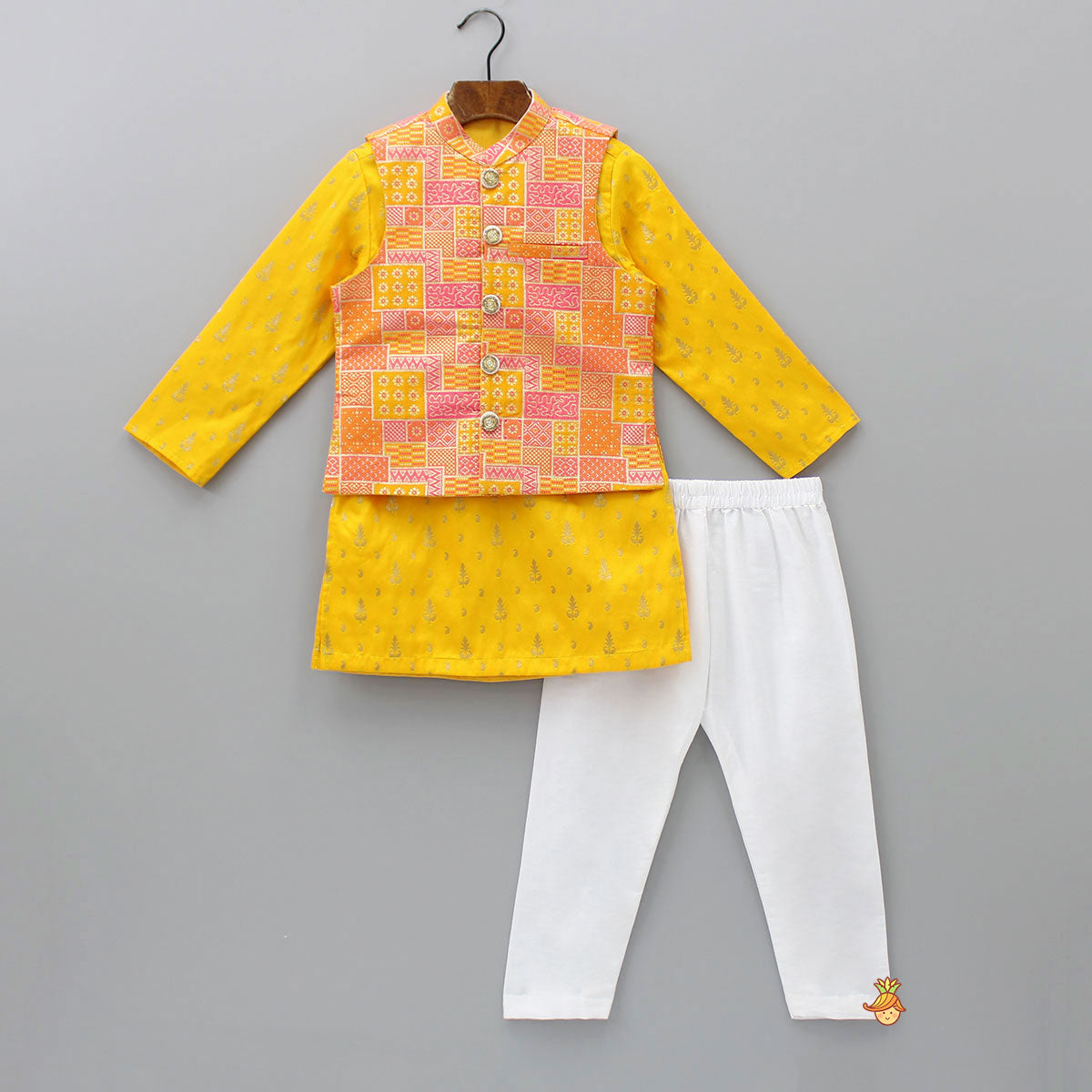 Brocade Kurta And Multicolored Jacket With Pyjama